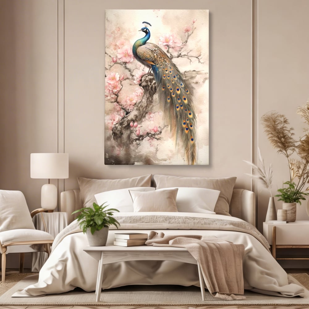 Tablou Canvas Premium, LuxCanva® M1012, Ecoul Penelor Imperiale, Gradina, Flori, Paun, Coada, Natura, Ramura, Nobil, Oriental, Pastel, Birou, Living, Camera Copii