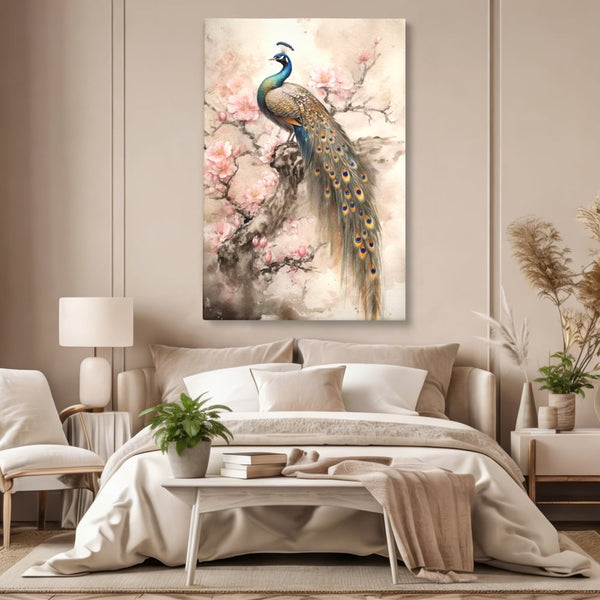 Tablou Canvas Premium, LuxCanva® M1012, Ecoul Penelor Imperiale, Gradina, Flori, Paun, Coada, Natura, Ramura, Nobil, Oriental, Pastel, Birou, Living, Camera Copii