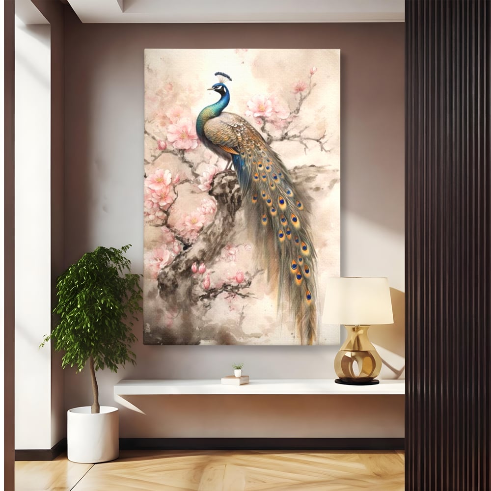 Tablou Canvas Premium, LuxCanva® M1012, Ecoul Penelor Imperiale, Gradina, Flori, Paun, Coada, Natura, Ramura, Nobil, Oriental, Pastel, Birou, Living, Camera Copii