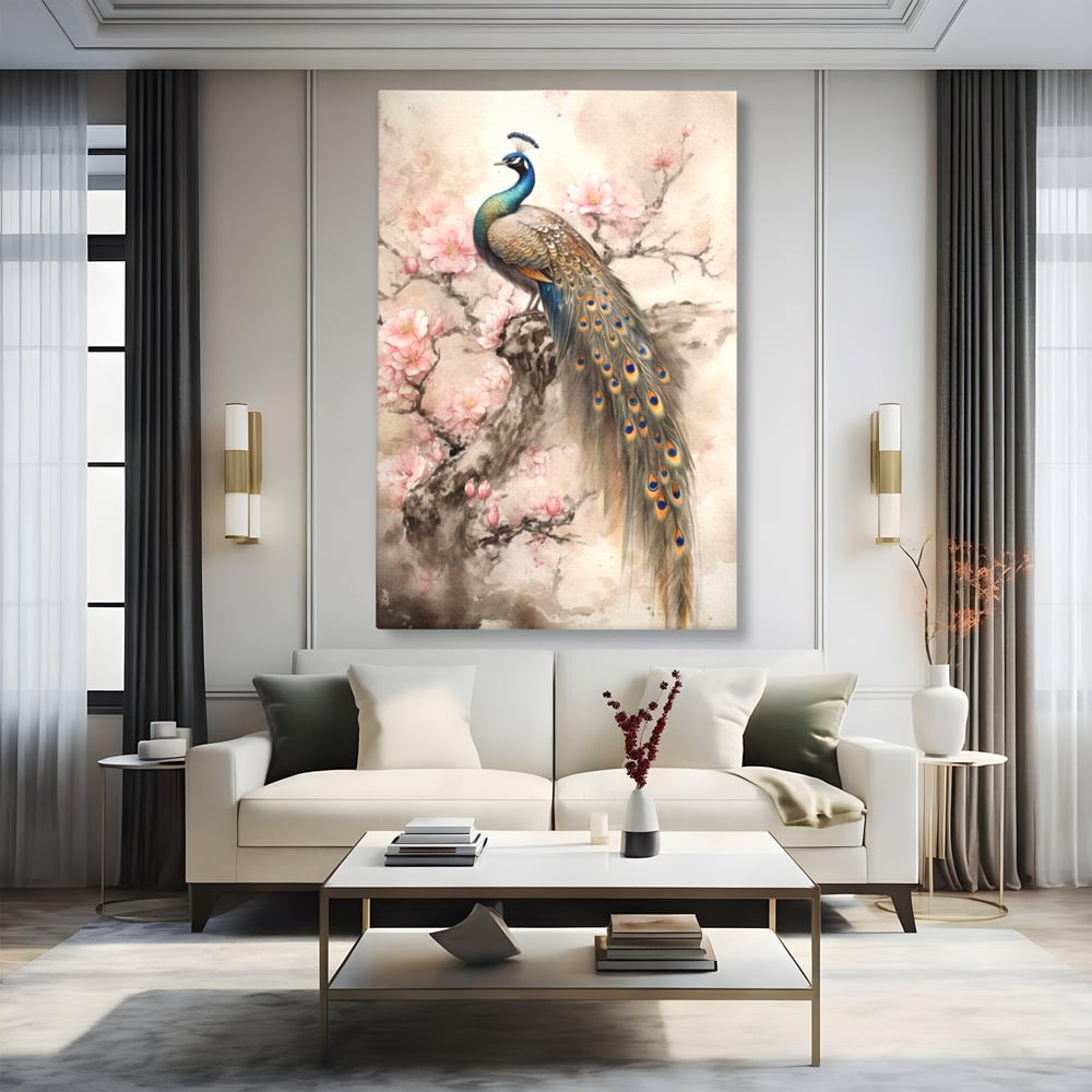 Tablou Canvas Premium, LuxCanva® M1012, Ecoul Penelor Imperiale, Gradina, Flori, Paun, Coada, Natura, Ramura, Nobil, Oriental, Pastel, Birou, Living, Camera Copii