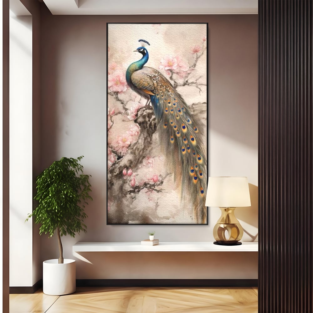Tablou Canvas Premium, LuxCanva® M1012, Ecoul Penelor Imperiale, Gradina, Flori, Paun, Coada, Natura, Ramura, Nobil, Oriental, Pastel, Birou, Living, Camera Copii