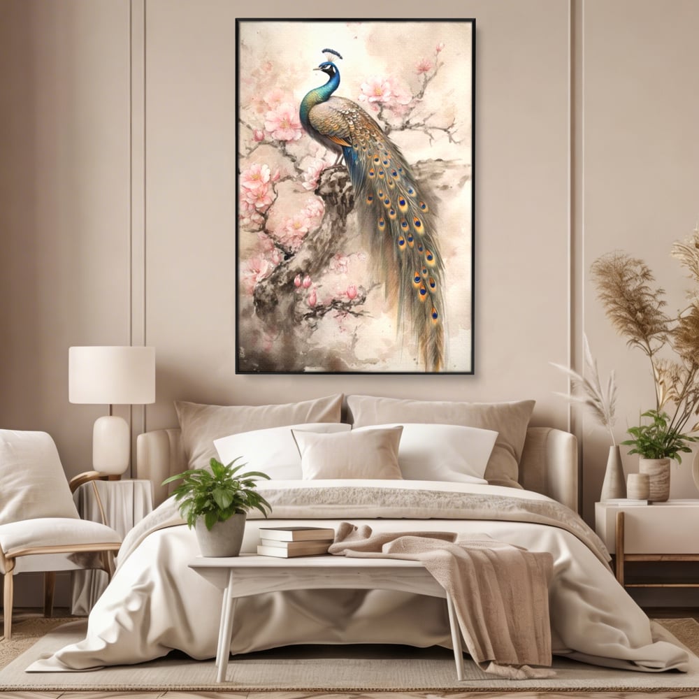 Tablou Canvas Premium, LuxCanva® M1012, Ecoul Penelor Imperiale, Gradina, Flori, Paun, Coada, Natura, Ramura, Nobil, Oriental, Pastel, Birou, Living, Camera Copii
