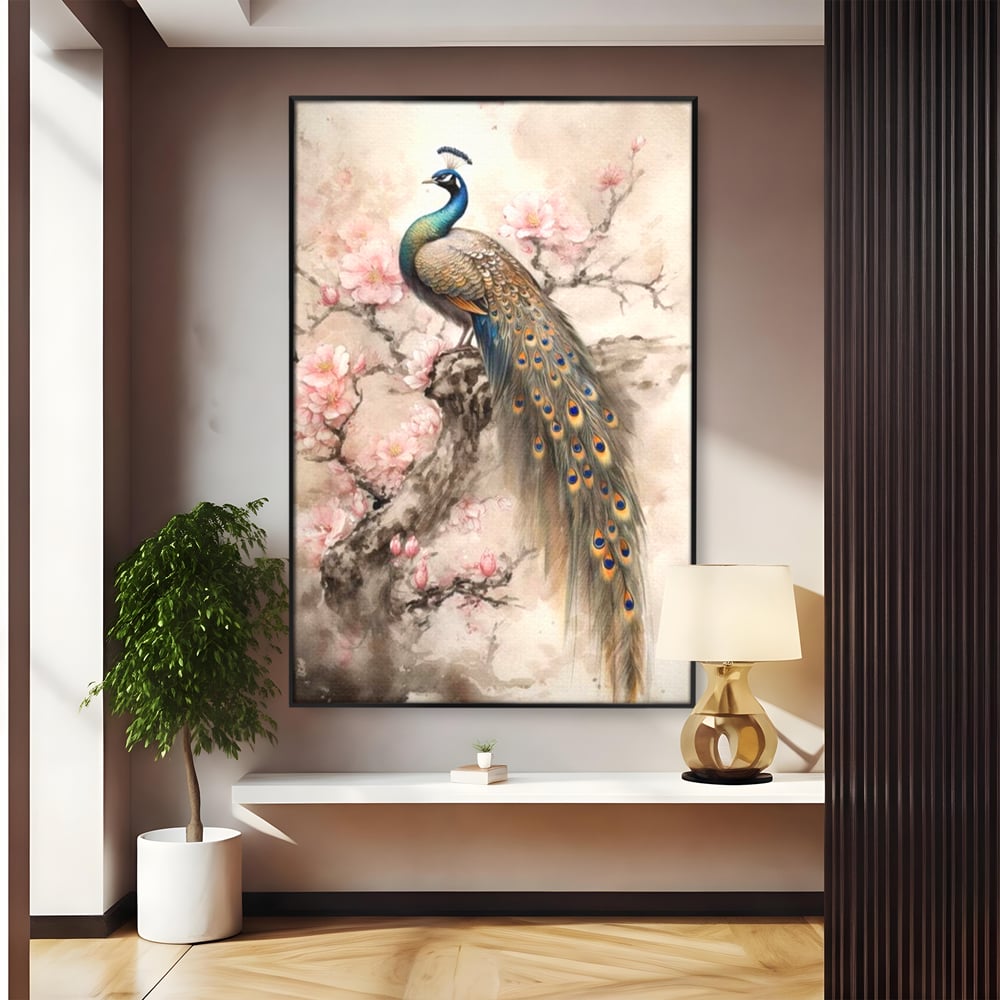Tablou Canvas Premium, LuxCanva® M1012, Ecoul Penelor Imperiale, Gradina, Flori, Paun, Coada, Natura, Ramura, Nobil, Oriental, Pastel, Birou, Living, Camera Copii