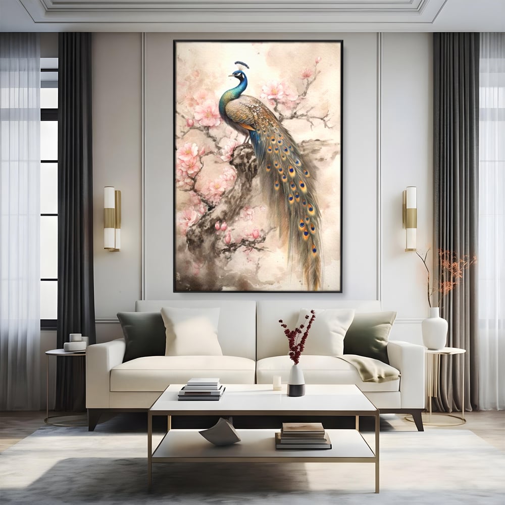 Tablou Canvas Premium, LuxCanva® M1012, Ecoul Penelor Imperiale, Gradina, Flori, Paun, Coada, Natura, Ramura, Nobil, Oriental, Pastel, Birou, Living, Camera Copii