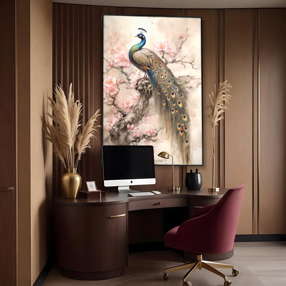 Tablou Canvas Premium, LuxCanva® M1012, Ecoul Penelor Imperiale, Gradina, Flori, Paun, Coada, Natura, Ramura, Nobil, Oriental, Pastel, Birou, Living, Camera Copii