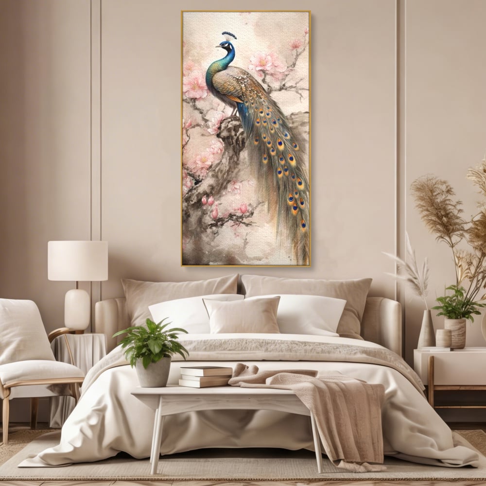 Tablou Canvas Premium, LuxCanva® M1012, Ecoul Penelor Imperiale, Gradina, Flori, Paun, Coada, Natura, Ramura, Nobil, Oriental, Pastel, Birou, Living, Camera Copii
