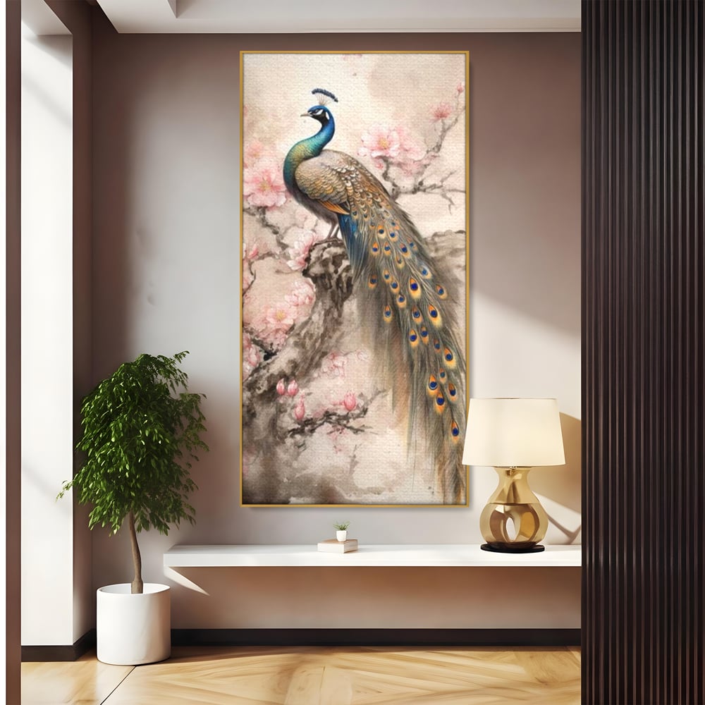 Tablou Canvas Premium, LuxCanva® M1012, Ecoul Penelor Imperiale, Gradina, Flori, Paun, Coada, Natura, Ramura, Nobil, Oriental, Pastel, Birou, Living, Camera Copii