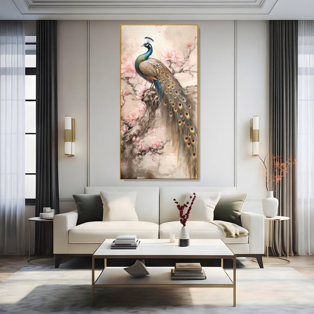 Tablou Canvas Premium, LuxCanva® M1012, Ecoul Penelor Imperiale, Gradina, Flori, Paun, Coada, Natura, Ramura, Nobil, Oriental, Pastel, Birou, Living, Camera Copii
