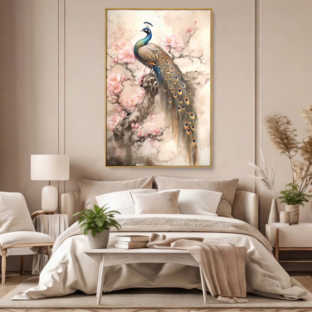 Tablou Canvas Premium, LuxCanva® M1012, Ecoul Penelor Imperiale, Gradina, Flori, Paun, Coada, Natura, Ramura, Nobil, Oriental, Pastel, Birou, Living, Camera Copii