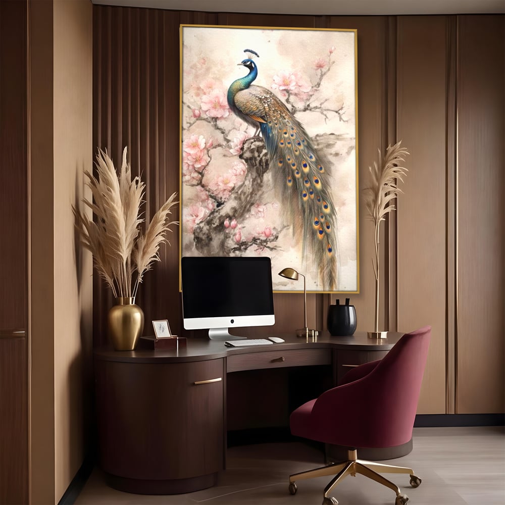 Tablou Canvas Premium, LuxCanva® M1012, Ecoul Penelor Imperiale, Gradina, Flori, Paun, Coada, Natura, Ramura, Nobil, Oriental, Pastel, Birou, Living, Camera Copii