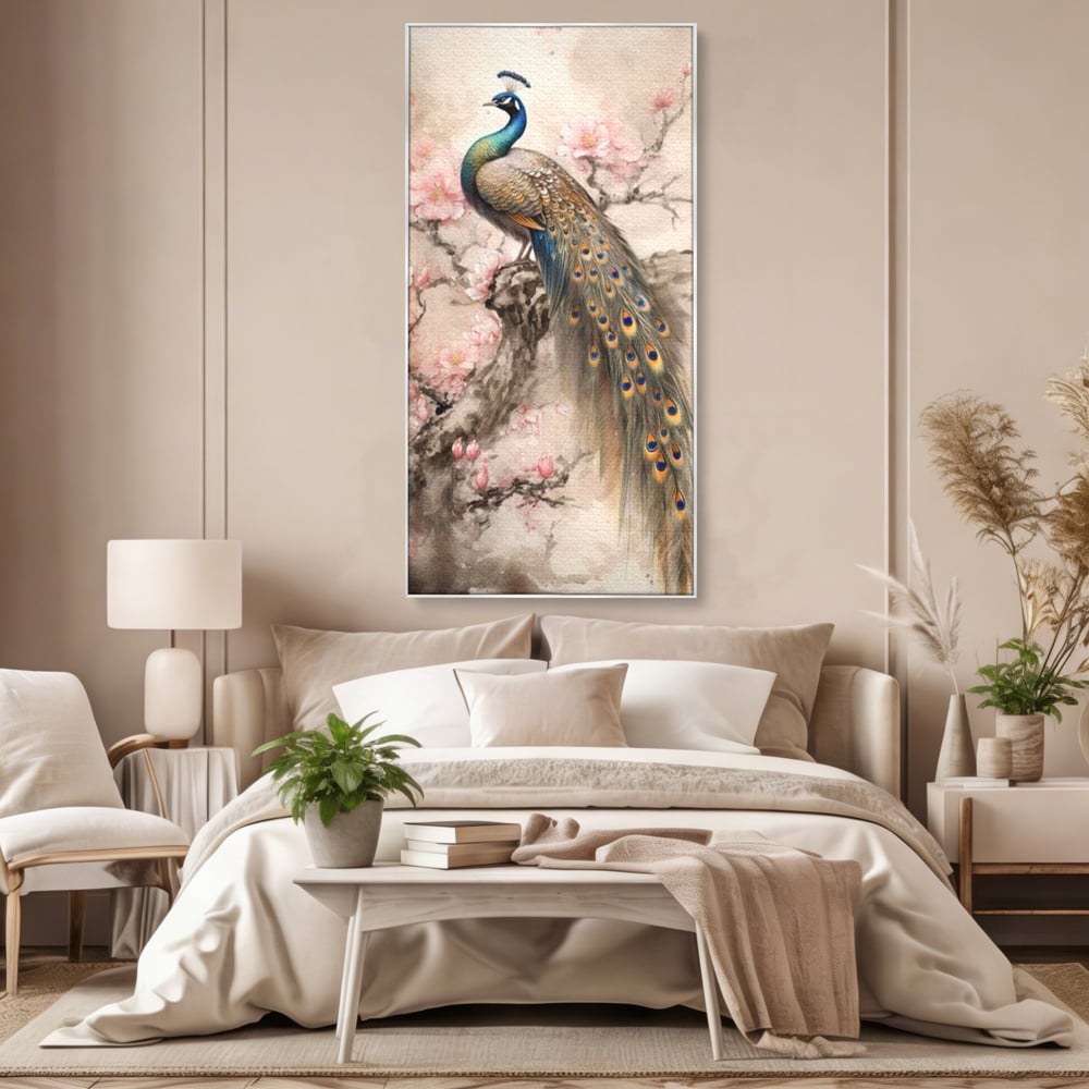 Tablou Canvas Premium, LuxCanva® M1012, Ecoul Penelor Imperiale, Gradina, Flori, Paun, Coada, Natura, Ramura, Nobil, Oriental, Pastel, Birou, Living, Camera Copii