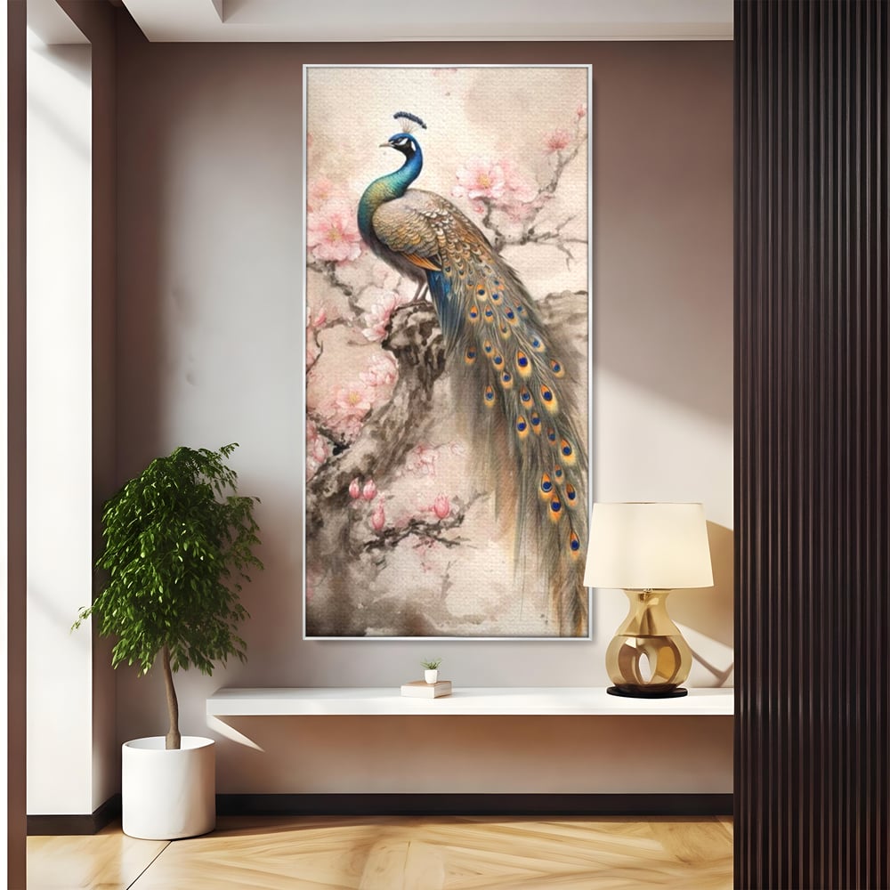 Tablou Canvas Premium, LuxCanva® M1012, Ecoul Penelor Imperiale, Gradina, Flori, Paun, Coada, Natura, Ramura, Nobil, Oriental, Pastel, Birou, Living, Camera Copii