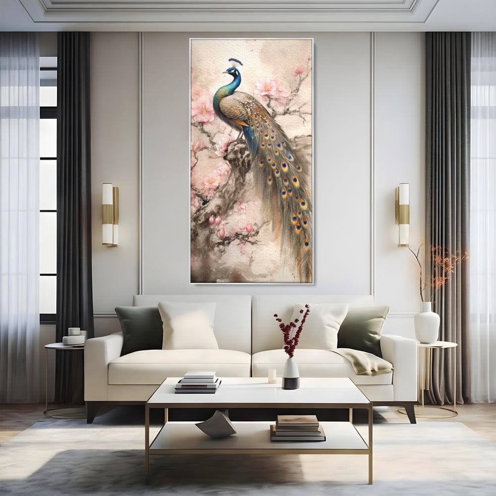 Tablou Canvas Premium, LuxCanva® M1012, Ecoul Penelor Imperiale, Gradina, Flori, Paun, Coada, Natura, Ramura, Nobil, Oriental, Pastel, Birou, Living, Camera Copii