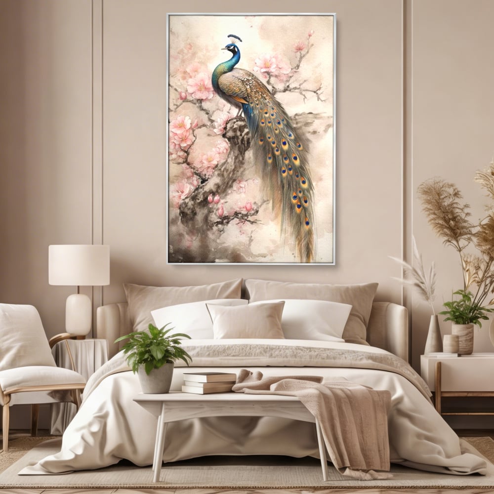 Tablou Canvas Premium, LuxCanva® M1012, Ecoul Penelor Imperiale, Gradina, Flori, Paun, Coada, Natura, Ramura, Nobil, Oriental, Pastel, Birou, Living, Camera Copii