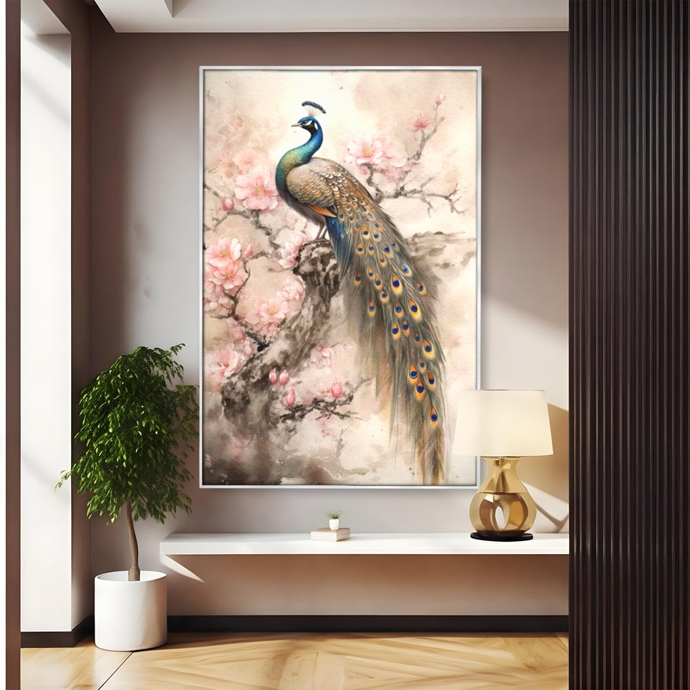 Tablou Canvas Premium, LuxCanva® M1012, Ecoul Penelor Imperiale, Gradina, Flori, Paun, Coada, Natura, Ramura, Nobil, Oriental, Pastel, Birou, Living, Camera Copii