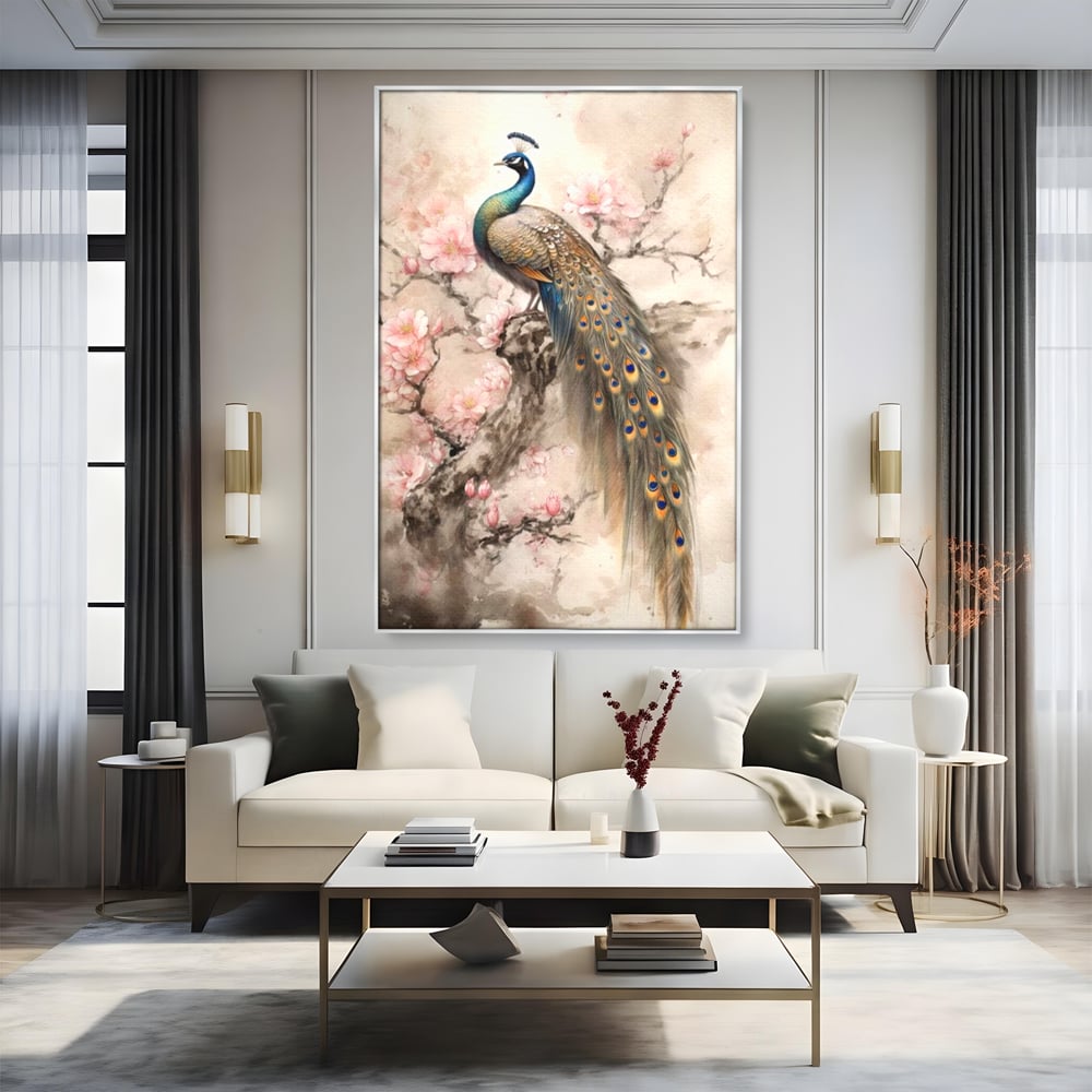 Tablou Canvas Premium, LuxCanva® M1012, Ecoul Penelor Imperiale, Gradina, Flori, Paun, Coada, Natura, Ramura, Nobil, Oriental, Pastel, Birou, Living, Camera Copii