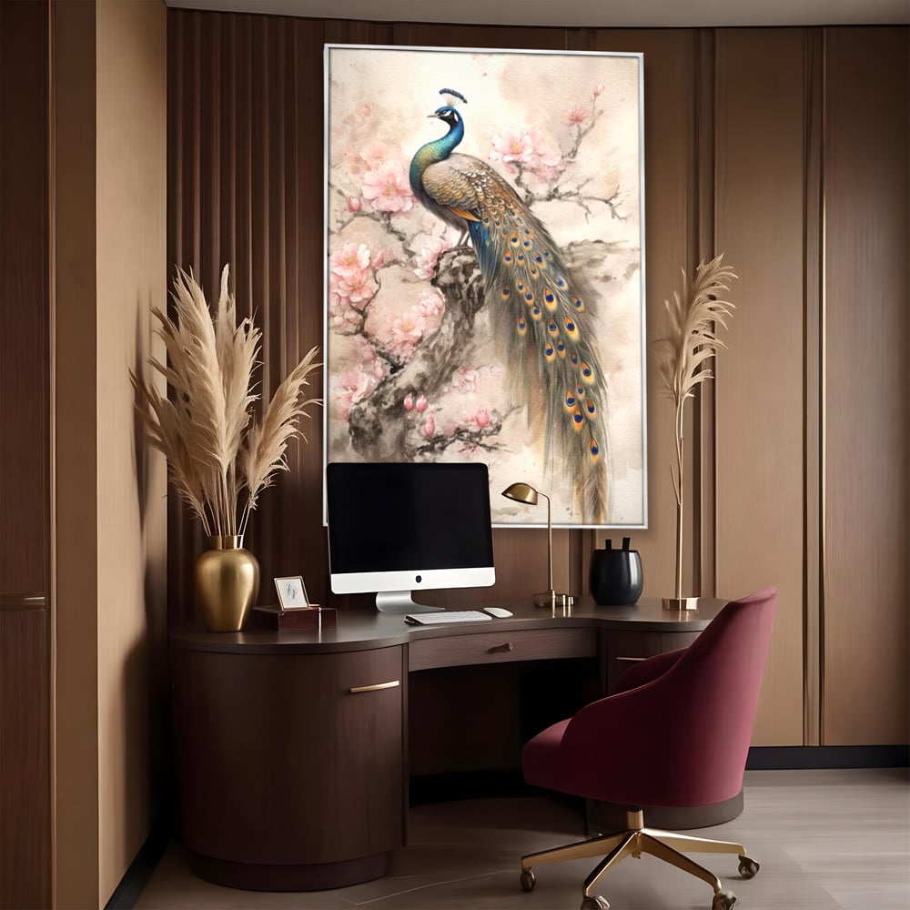 Tablou Canvas Premium, LuxCanva® M1012, Ecoul Penelor Imperiale, Gradina, Flori, Paun, Coada, Natura, Ramura, Nobil, Oriental, Pastel, Birou, Living, Camera Copii