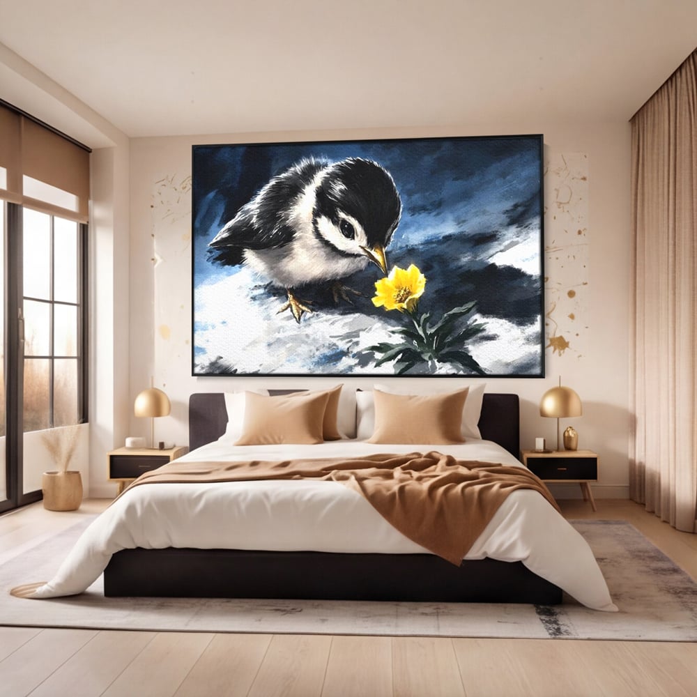 Tablou Canvas Premium, LuxCanva® M1013, Esenta Gingasiei, Pui, Floare, Inocenta, Copilarie, Puritate, Viata, Natura, Pasare, Fragil, Birou, Living, Camera Copii