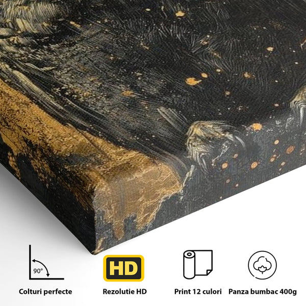 Tablou Canvas Premium, LuxCanva® M1015, Gardianul Noptii, Bufnita, Pasare, Ochi, Noapte, Mister, Intelepciune, Eleganta, Auriu, Negru, Birou, Living, Camera Copii