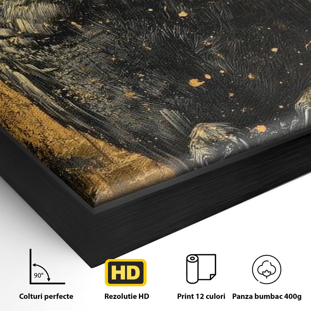 Tablou Canvas Premium, LuxCanva® M1015, Gardianul Noptii, Bufnita, Pasare, Ochi, Noapte, Mister, Intelepciune, Eleganta, Auriu, Negru, Birou, Living, Camera Copii