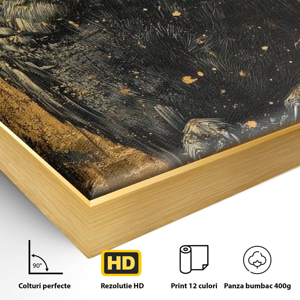 Tablou Canvas Premium, LuxCanva® M1015, Gardianul Noptii, Bufnita, Pasare, Ochi, Noapte, Mister, Intelepciune, Eleganta, Auriu, Negru, Birou, Living, Camera Copii
