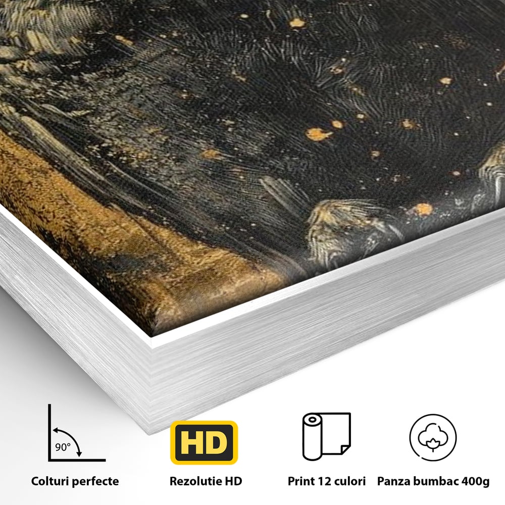 Tablou Canvas Premium, LuxCanva® M1015, Gardianul Noptii, Bufnita, Pasare, Ochi, Noapte, Mister, Intelepciune, Eleganta, Auriu, Negru, Birou, Living, Camera Copii
