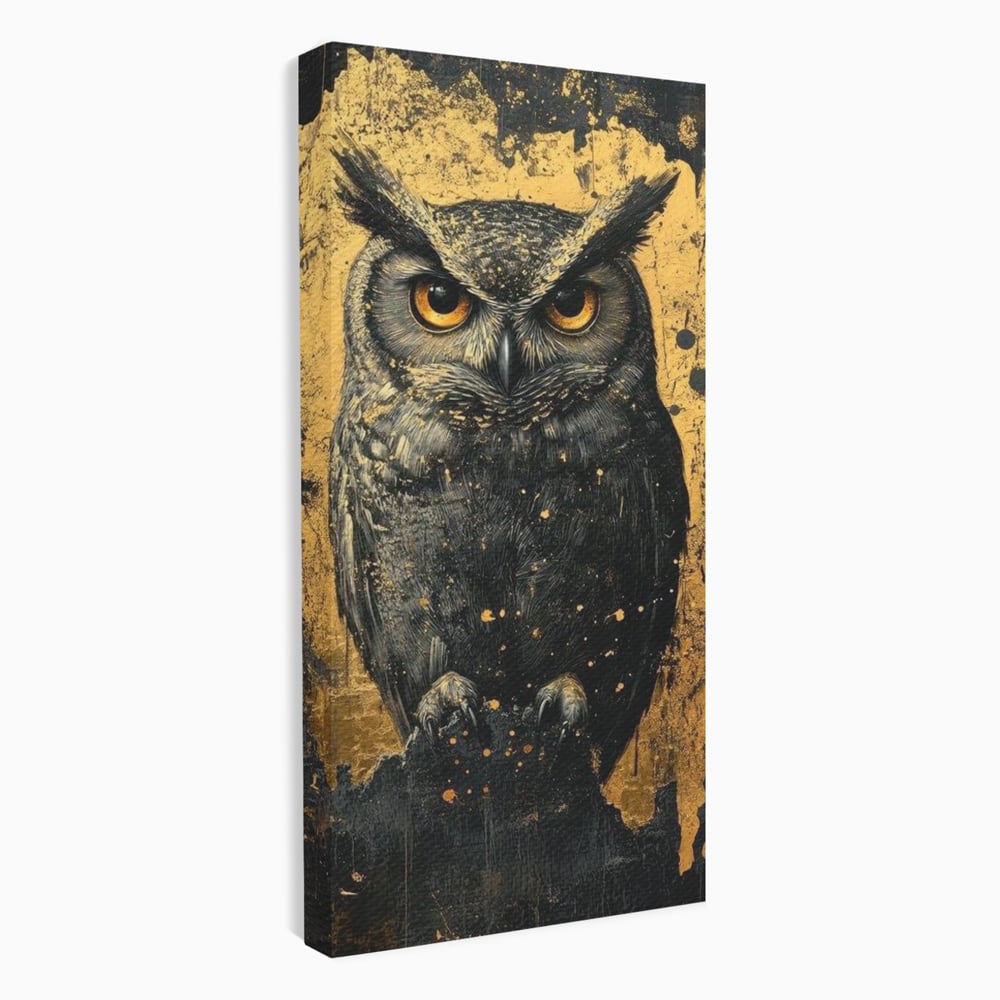 Tablou Canvas Premium, LuxCanva® M1015, Gardianul Noptii, Bufnita, Pasare, Ochi, Noapte, Mister, Intelepciune, Eleganta, Auriu, Negru, Birou, Living, Camera Copii