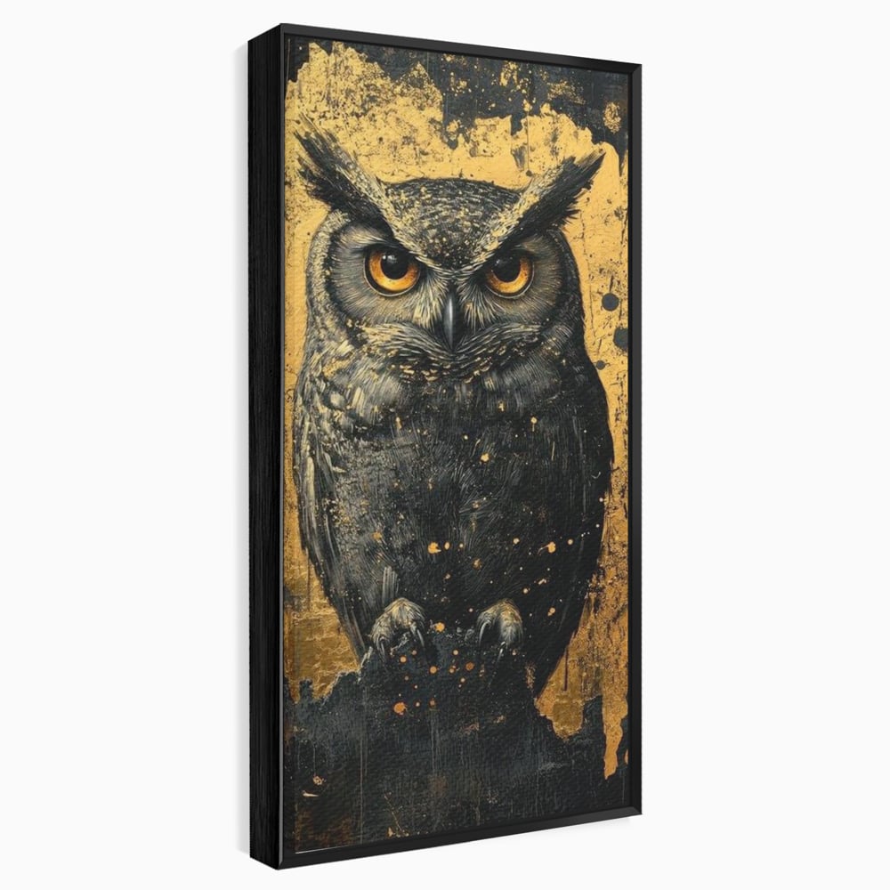 Tablou Canvas Premium, LuxCanva® M1015, Gardianul Noptii, Bufnita, Pasare, Ochi, Noapte, Mister, Intelepciune, Eleganta, Auriu, Negru, Birou, Living, Camera Copii