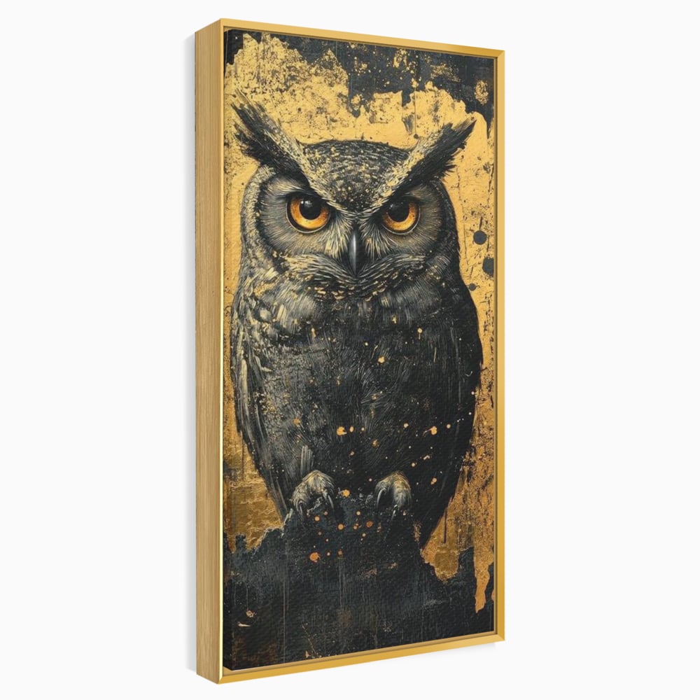 Tablou Canvas Premium, LuxCanva® M1015, Gardianul Noptii, Bufnita, Pasare, Ochi, Noapte, Mister, Intelepciune, Eleganta, Auriu, Negru, Birou, Living, Camera Copii