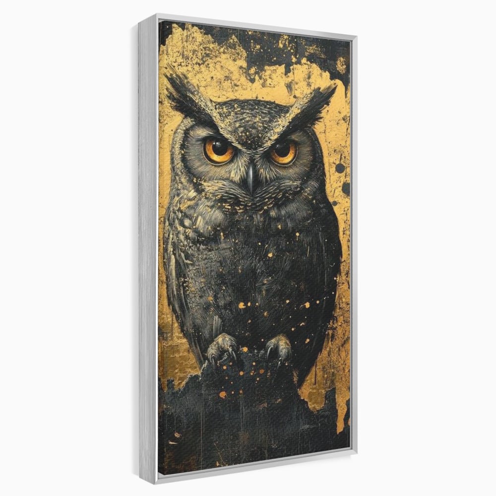 Tablou Canvas Premium, LuxCanva® M1015, Gardianul Noptii, Bufnita, Pasare, Ochi, Noapte, Mister, Intelepciune, Eleganta, Auriu, Negru, Birou, Living, Camera Copii