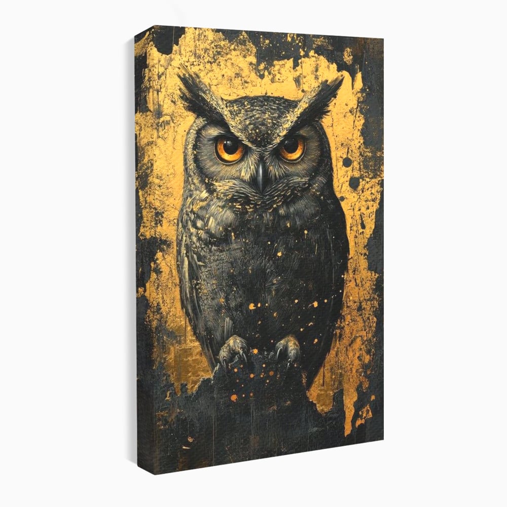 Tablou Canvas Premium, LuxCanva® M1015, Gardianul Noptii, Bufnita, Pasare, Ochi, Noapte, Mister, Intelepciune, Eleganta, Auriu, Negru, Birou, Living, Camera Copii