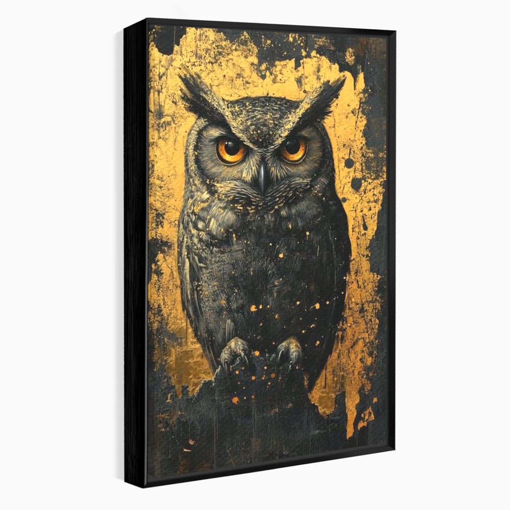Tablou Canvas Premium, LuxCanva® M1015, Gardianul Noptii, Bufnita, Pasare, Ochi, Noapte, Mister, Intelepciune, Eleganta, Auriu, Negru, Birou, Living, Camera Copii