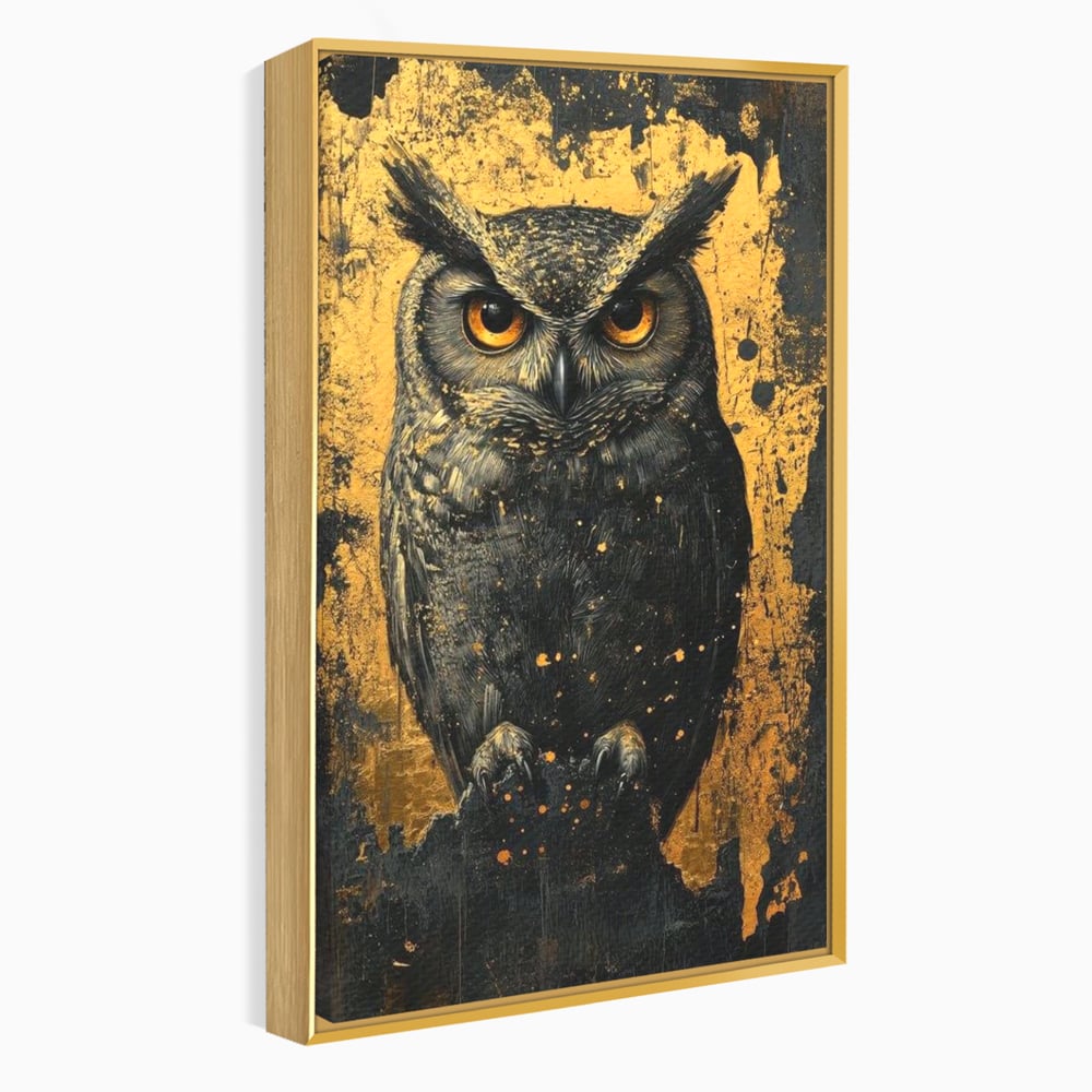 Tablou Canvas Premium, LuxCanva® M1015, Gardianul Noptii, Bufnita, Pasare, Ochi, Noapte, Mister, Intelepciune, Eleganta, Auriu, Negru, Birou, Living, Camera Copii