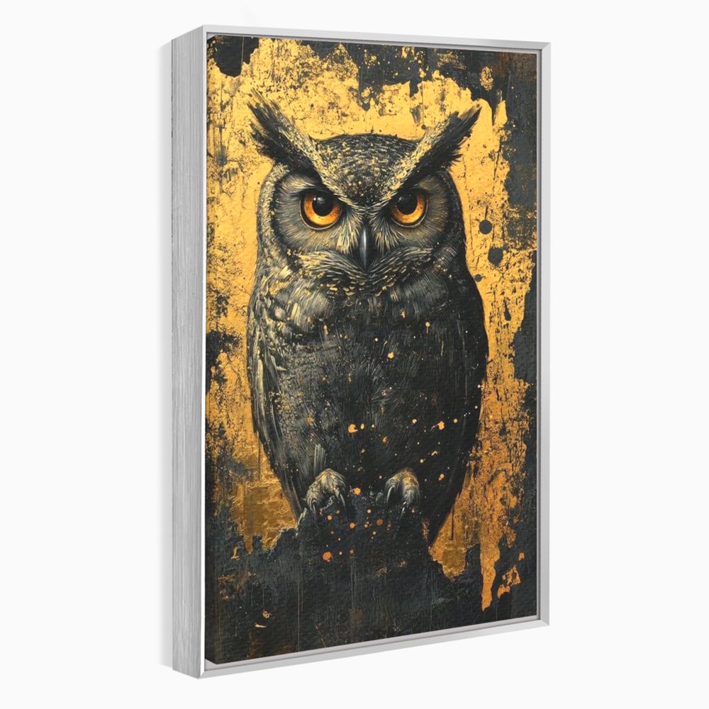 Tablou Canvas Premium, LuxCanva® M1015, Gardianul Noptii, Bufnita, Pasare, Ochi, Noapte, Mister, Intelepciune, Eleganta, Auriu, Negru, Birou, Living, Camera Copii