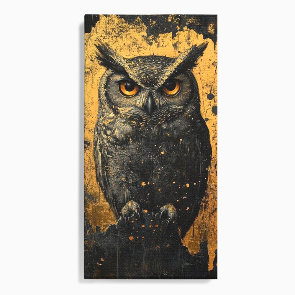 Tablou Canvas Premium, LuxCanva® M1015, Gardianul Noptii, Bufnita, Pasare, Ochi, Noapte, Mister, Intelepciune, Eleganta, Auriu, Negru, Birou, Living, Camera Copii