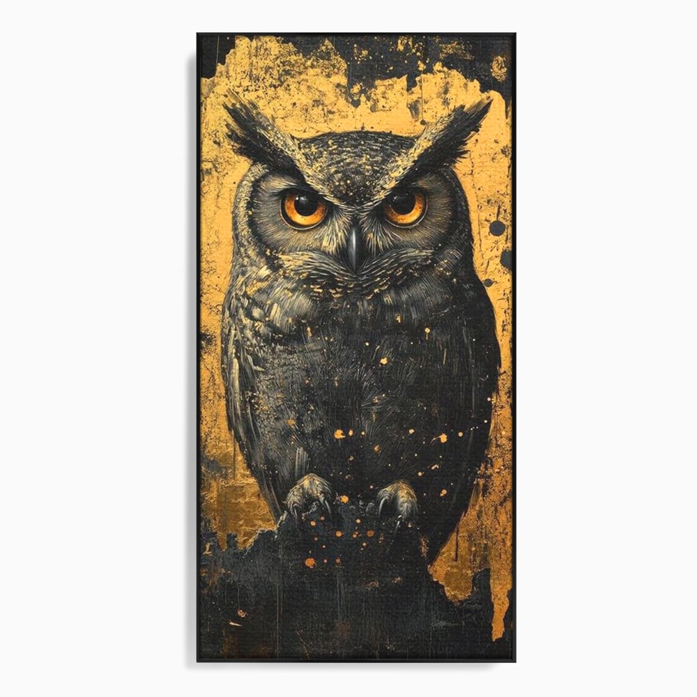Tablou Canvas Premium, LuxCanva® M1015, Gardianul Noptii, Bufnita, Pasare, Ochi, Noapte, Mister, Intelepciune, Eleganta, Auriu, Negru, Birou, Living, Camera Copii