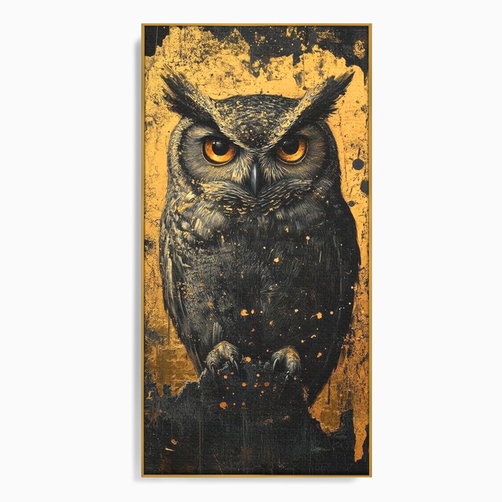 Tablou Canvas Premium, LuxCanva® M1015, Gardianul Noptii, Bufnita, Pasare, Ochi, Noapte, Mister, Intelepciune, Eleganta, Auriu, Negru, Birou, Living, Camera Copii