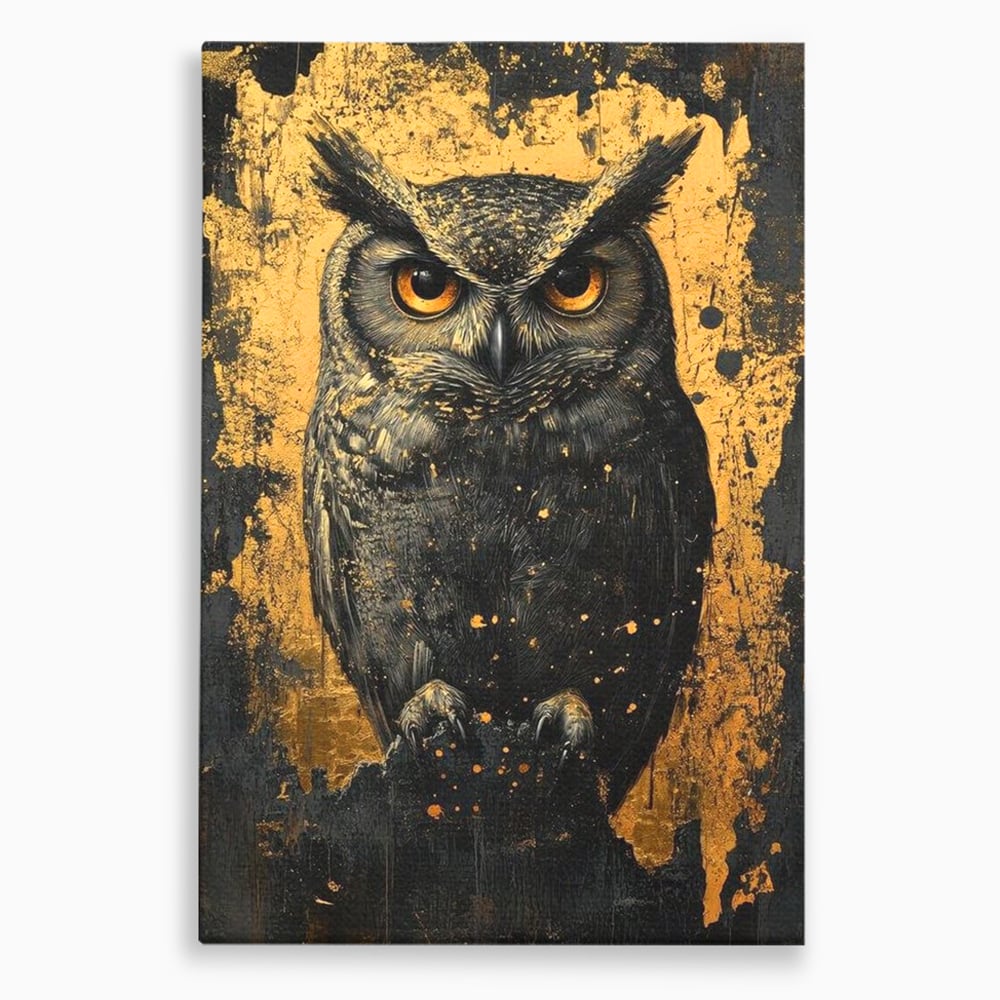 Tablou Canvas Premium, LuxCanva® M1015, Gardianul Noptii, Bufnita, Pasare, Ochi, Noapte, Mister, Intelepciune, Eleganta, Auriu, Negru, Birou, Living, Camera Copii