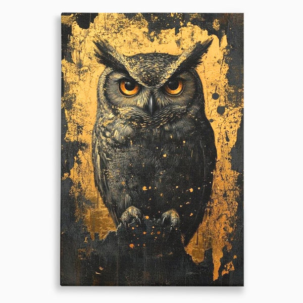 Tablou Canvas Premium, LuxCanva® M1015, Gardianul Noptii, Bufnita, Pasare, Ochi, Noapte, Mister, Intelepciune, Eleganta, Auriu, Negru, Birou, Living, Camera Copii