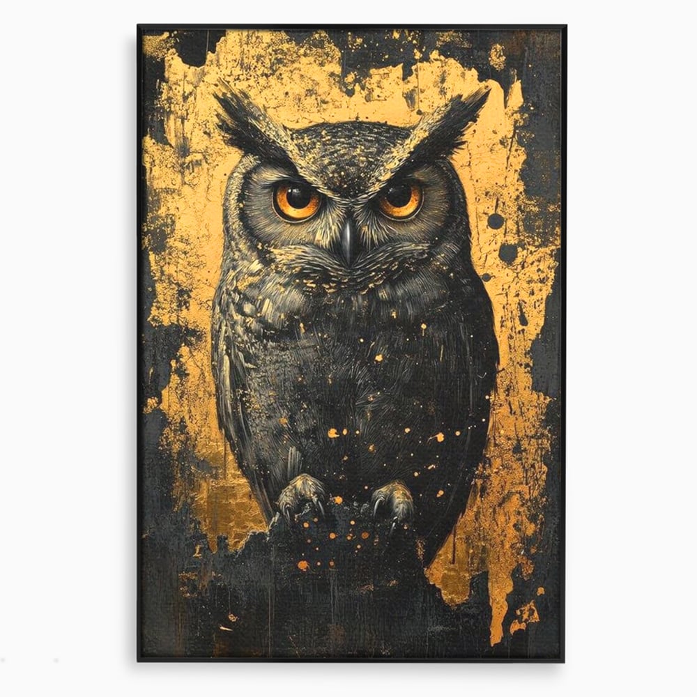 Tablou Canvas Premium, LuxCanva® M1015, Gardianul Noptii, Bufnita, Pasare, Ochi, Noapte, Mister, Intelepciune, Eleganta, Auriu, Negru, Birou, Living, Camera Copii