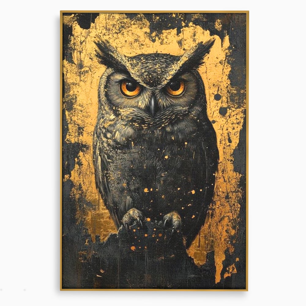 Tablou Canvas Premium, LuxCanva® M1015, Gardianul Noptii, Bufnita, Pasare, Ochi, Noapte, Mister, Intelepciune, Eleganta, Auriu, Negru, Birou, Living, Camera Copii