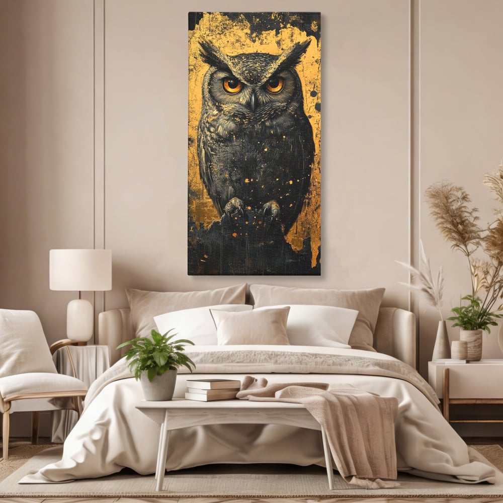 Tablou Canvas Premium, LuxCanva® M1015, Gardianul Noptii, Bufnita, Pasare, Ochi, Noapte, Mister, Intelepciune, Eleganta, Auriu, Negru, Birou, Living, Camera Copii
