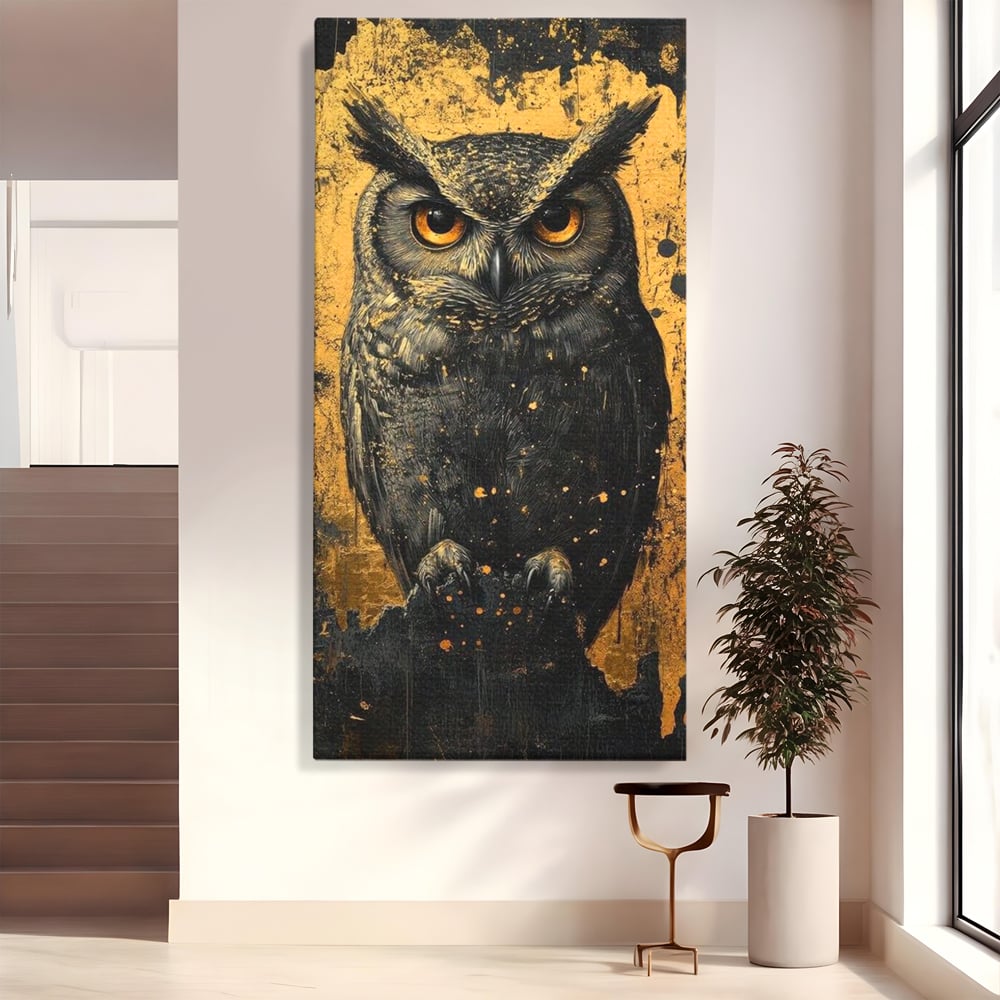 Tablou Canvas Premium, LuxCanva® M1015, Gardianul Noptii, Bufnita, Pasare, Ochi, Noapte, Mister, Intelepciune, Eleganta, Auriu, Negru, Birou, Living, Camera Copii