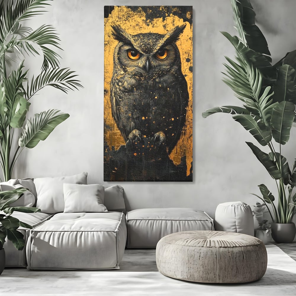Tablou Canvas Premium, LuxCanva® M1015, Gardianul Noptii, Bufnita, Pasare, Ochi, Noapte, Mister, Intelepciune, Eleganta, Auriu, Negru, Birou, Living, Camera Copii