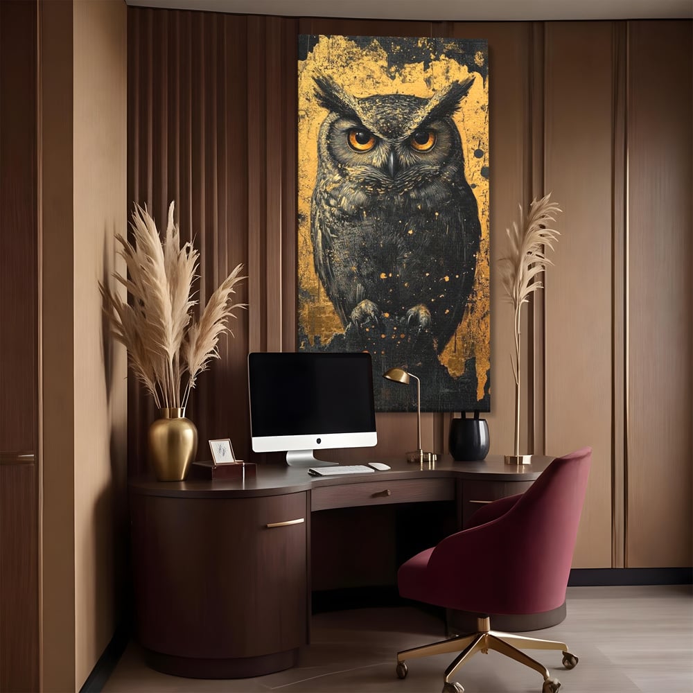 Tablou Canvas Premium, LuxCanva® M1015, Gardianul Noptii, Bufnita, Pasare, Ochi, Noapte, Mister, Intelepciune, Eleganta, Auriu, Negru, Birou, Living, Camera Copii
