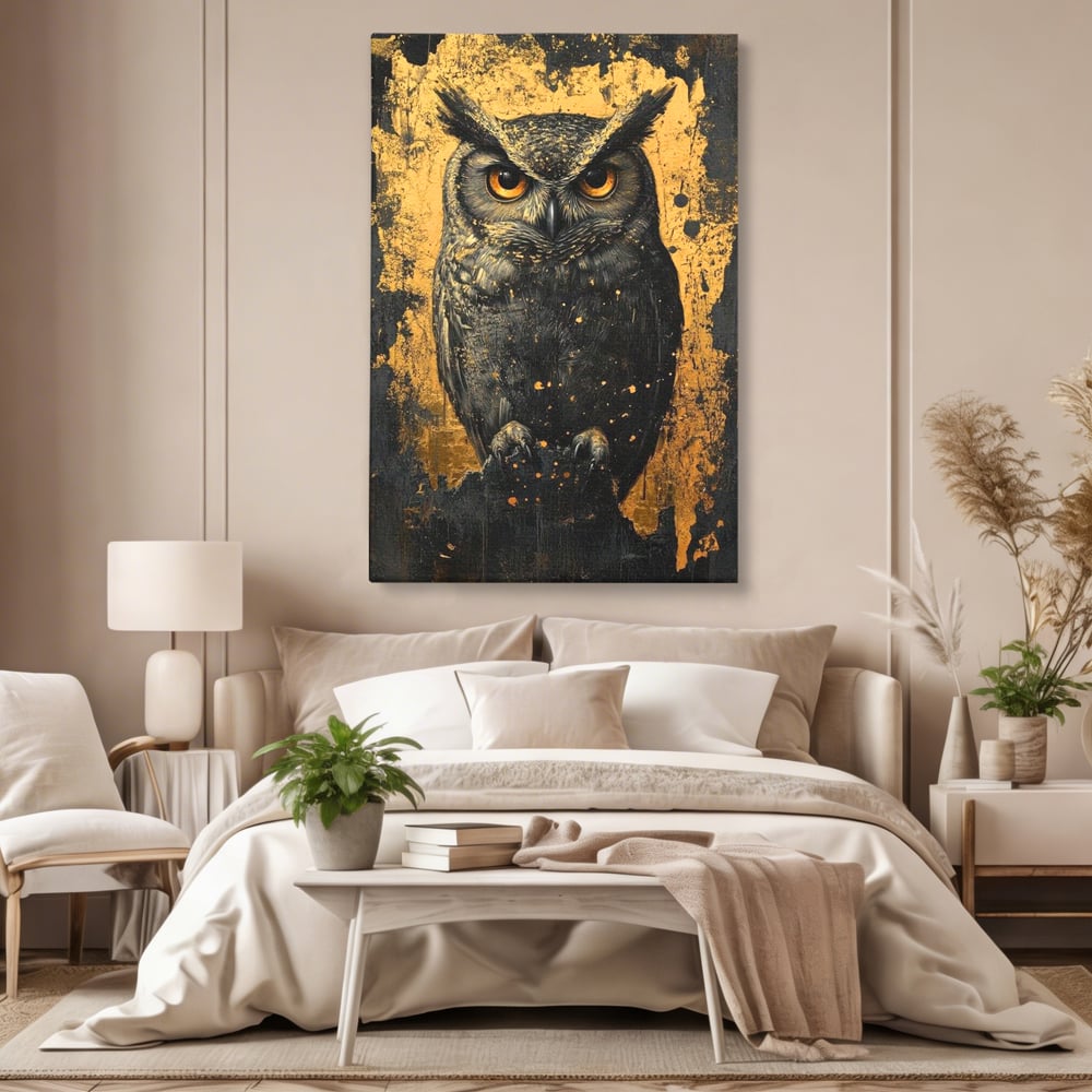 Tablou Canvas Premium, LuxCanva® M1015, Gardianul Noptii, Bufnita, Pasare, Ochi, Noapte, Mister, Intelepciune, Eleganta, Auriu, Negru, Birou, Living, Camera Copii