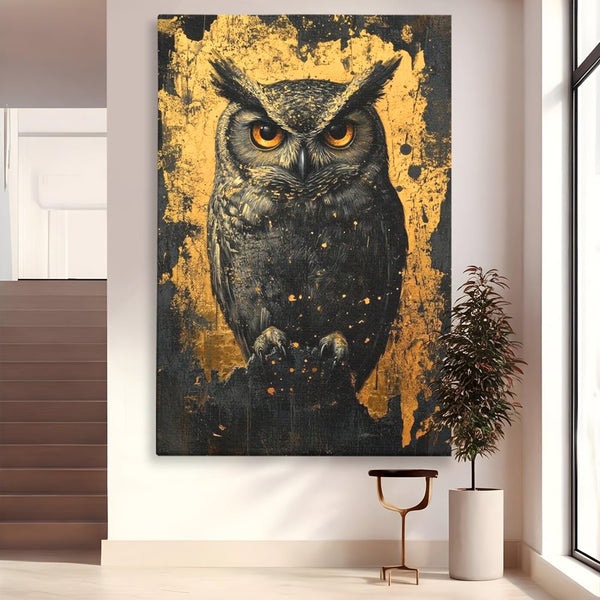 Tablou Canvas Premium, LuxCanva® M1015, Gardianul Noptii, Bufnita, Pasare, Ochi, Noapte, Mister, Intelepciune, Eleganta, Auriu, Negru, Birou, Living, Camera Copii
