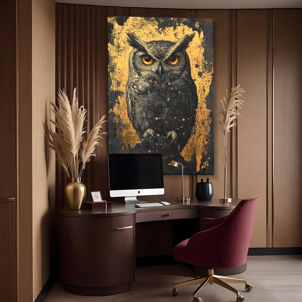 Tablou Canvas Premium, LuxCanva® M1015, Gardianul Noptii, Bufnita, Pasare, Ochi, Noapte, Mister, Intelepciune, Eleganta, Auriu, Negru, Birou, Living, Camera Copii