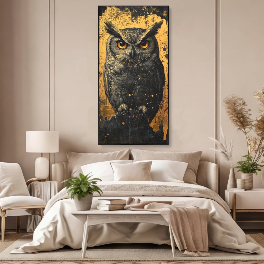 Tablou Canvas Premium, LuxCanva® M1015, Gardianul Noptii, Bufnita, Pasare, Ochi, Noapte, Mister, Intelepciune, Eleganta, Auriu, Negru, Birou, Living, Camera Copii