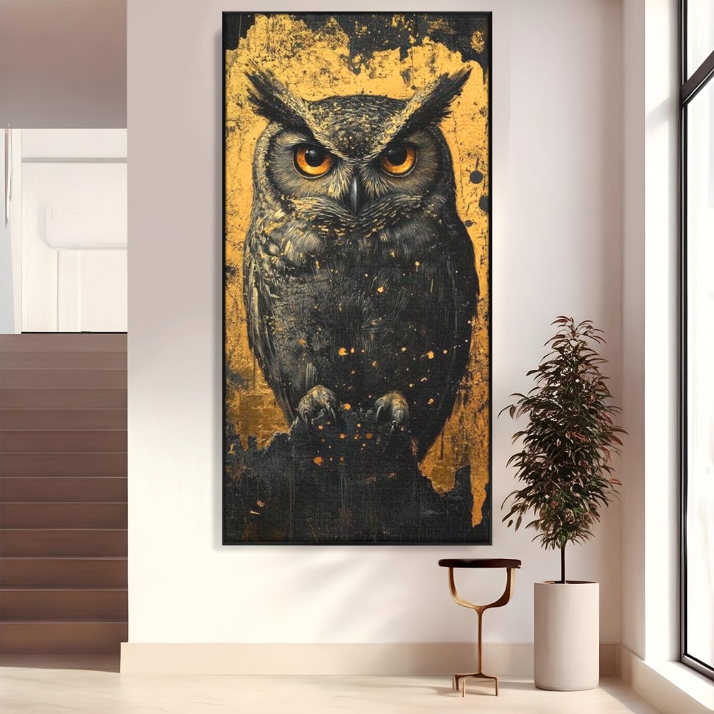 Tablou Canvas Premium, LuxCanva® M1015, Gardianul Noptii, Bufnita, Pasare, Ochi, Noapte, Mister, Intelepciune, Eleganta, Auriu, Negru, Birou, Living, Camera Copii